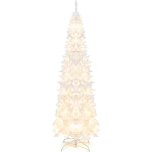 imageGoplus 7ft White PreLit Pencil Christmas Tree Artificial Hinged Slim Tree with 800 Tips 300 Warm White Lights 8 Lighting Modes Xmas Tree for Indoor Home Office Party Holiday Decor