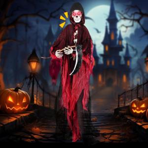 imageGoplus 8 Ft Halloween Animatronics Sound ampamp Touch Activated Grim Reaper with Sickle Glowing LED Eyes ampamp Scary Voices Standing Halloween Decoration Move Prop for Yard Garden Party Haunted House