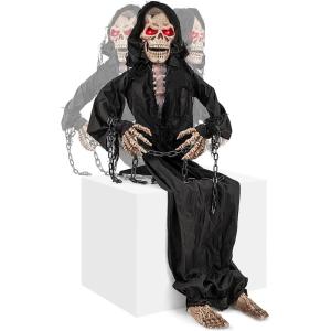 imageGoplus Animatronic Sitting Skeleton  Halloween Animated Moving Reaper With Light Up Eyes Motion ampamp Sound Activated Props for Indoor Outdoor Lawn Yard Patio