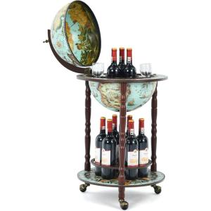 imageGoplus 14 Globe Wine Bar Stand 16th Century Italian Replica Wine Cabinet with Wheels Rustic Wood Liquor Bottle Shelf Movable Globe Wine Rack Bar Cart for Dining Room ampamp Living Room Cielo Blue