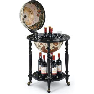 imageGoplus 16 Globe Wine Bar Stand 16th Century Italian Replica Wine Cabinet with Wheels Rustic Wood Liquor Bottle Shelf Movable Globe Wine Rack Bar Cart for Dining Room ampamp Living Room Creamy White