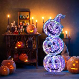 imageGoplus 34 Ft Halloween Decorations Light up Stacked Pumpkins with 150 LED Lights Standing Prismatic Iridescent Decoration Cute Indoor Outdoor Halloween Lighting Decor for Porch Patio Yard Party