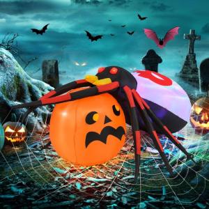 imageGoplus 5 Ft Length Halloween Inflatables Spider Outdoor Decoration with Pumpkin Magic Disco Light Shimmering Red Eyes Builtin LED Lights Blow up Yard Decoration for Party Yard Lawn Patio