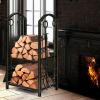 imageGoplus Firewood Rack with 4 Fireplace Tools Wrought Iron Log Holders with Poker Tong Brush and Shovel Indoor Outdoor Lumbar Storage Rack Fireplace Tools Sets for Fire Pit Wood Stove Bronze