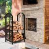 imageGoplus Firewood Rack with 4 Fireplace Tools Wrought Iron Log Holders with Poker Tong Brush and Shovel Indoor Outdoor Lumbar Storage Rack Fireplace Tools Sets for Fire Pit Wood Stove Bronze