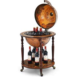 imageGoplus 18 Globe Wine Bar Stand 16th Century Italian Replica Wine Cabinet with Wheels Rustic Wood Liquor Bottle Shelf Movable Globe Wine Rack Bar Cart for Dining Room ampamp Living Room Retro Brown