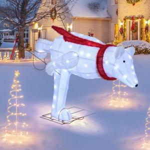 imageGoplus 45 FT Lighted Skiing Polar Bear Light up Christmas Decoration with Red Scarf Ski Poles ampamp Snow Shoes 3D PreLit Polar Bear with LED Lights Zip Ties ampamp Ground Stakes for Garden ampamp Yard