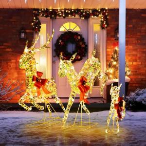 imageGoplus Christmas Lighted Reindeer Set of 3 Reindeer Decorations with LED Lights and Red Bows Xmas Deer Family Set with Stakes IndoorOutdoor Standing 3D Christmas Ornaments for Home Yard GardenGold w230 LED Lights
