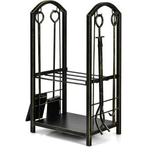 imageGoplus Firewood Rack with 4 Fireplace Tools Wrought Iron Log Holders with Poker Tong Brush and Shovel Indoor Outdoor Lumbar Storage Rack Fireplace Tools Sets for Fire Pit Wood Stove Bronze