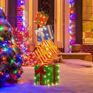 imageGoplus Lighted Gift Boxes Set of 4 Stackable Prelit Box Decorations with Warm White LED Lights ampamp PreAssembled Ribbons IndoorOutdoor Holiday Display for Yard Doorway Party