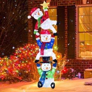 imageGoplus 6 ft Christmas Stacked Snowman 3D PreLit Snowman Decoration w 155 LED Lights Zip Ties ampamp Stakes Included AllWeather Lighted Triple Snowmen Ornament for Home Yard
