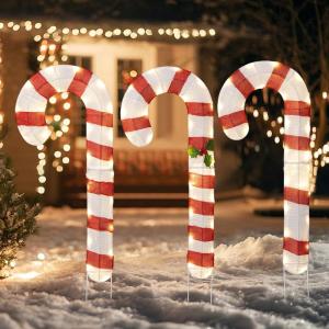 imageGoplus Lighted Candy Canes Set of 3 Christmas Tinsel Candy Cane Decoration with 75 Warm White LED Lights Metal Stakes Xmas Pathway Lights Prelit Outdoor Holiday Display for Yard Lawn Indoors