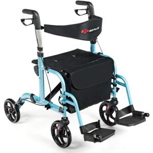 imageGOPLUS 2 in 1 Rollator Walkers for Seniors Folding Rollator Walker with Seat 8inch Wheel Medical Drive Walker Wheelchair Combo with Backrest Adjustable Handle for Adults Aluminium FrameBlue