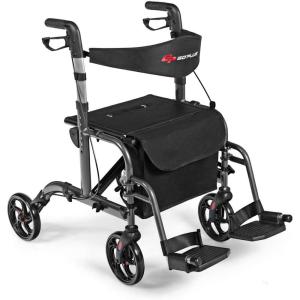 imageGOPLUS 2 in 1 Rollator Walkers for Seniors Folding Rollator Walker with Seat 8inch Wheel Medical Drive Walker Wheelchair Combo with Backrest Adjustable Handle for Adults Aluminium FrameBlack