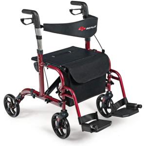 imageGOPLUS 2 in 1 Rollator Walkers for Seniors Folding Rollator Walker with Seat 8inch Wheel Medical Drive Walker Wheelchair Combo with Backrest Adjustable Handle for Adults Aluminium FrameRed