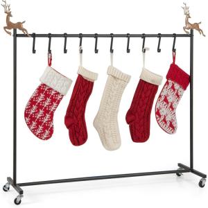 imageGoplus 10Hook Christmas Stocking Holder Stand on Wheels Heavy Duty Freestanding Rack with 6 Removable Christmas TreeReindeerSnowflake Toppers Metal Stocking Hanger for Floor Home Holiday Decor