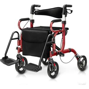 imageGoplus 2 in 1 Rollator Walker for Seniors Medical Walker with Seat Folding Transport Wheelchair Rollator with 8quot Wheels Reversible Backrest Footrests Aluminum Mobility Walking Aid BlackRed