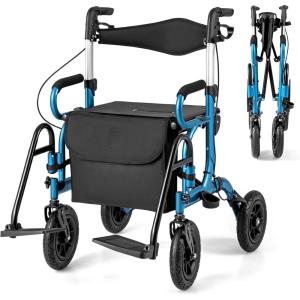 imageGoplus 2 in 1 Rollator Walker for Seniors Medical Walker with Seat Folding Transport Wheelchair Rollator with 8quot Wheels Reversible Backrest Footrests Aluminum Mobility Walking Aid BlackBlueupgraded