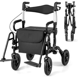 imageGoplus 2 in 1 Rollator Walker for Seniors Medical Walker with Seat Folding Transport Wheelchair Rollator with 8quot Wheels Reversible Backrest Footrests Aluminum Mobility Walking Aid BlackBlackupgraded