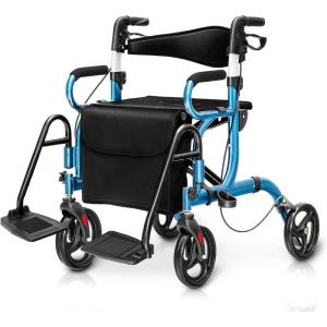 imageGoplus 2 in 1 Rollator Walker for Seniors Medical Walker with Seat Folding Transport Wheelchair Rollator with 8quot Wheels Reversible Backrest Footrests Aluminum Mobility Walking Aid BlackBlue