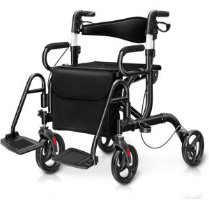 imageGoplus 2 in 1 Rollator Walker for Seniors Medical Walker with Seat Folding Transport Wheelchair Rollator with 8quot Wheels Reversible Backrest Footrests Aluminum Mobility Walking Aid BlackBlack