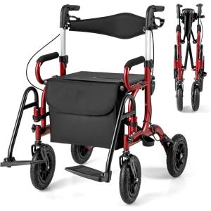 imageGoplus 2 in 1 Rollator Walker for Seniors Medical Walker with Seat Folding Transport Wheelchair Rollator with 8quot Wheels Reversible Backrest Footrests Aluminum Mobility Walking Aid BlackRedupgraded