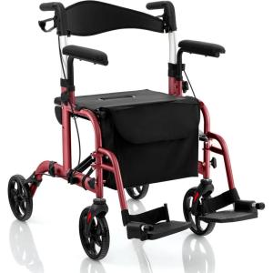 imageGoplus 2 in 1 Rollator Walkers for Seniors with Seat 8inch Wheel Medical Drive Walker Wheelchair Combo with Backrest HeightAdjustable Handle Aluminium Frame Folding Rollator Walker for AdultsRed