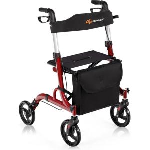 imageGoplus 2 in 1 Rollator Walkers for Seniors with Seat 8quot Wheels Medical Rolling Walker with Adjustable Handle Aluminum Folding Mobility Walking Aid for Adult ElderlyRed