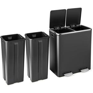 imageGoplus Dual Trash Can 60 Liter 2x30L 16 Gallon Stainless Steel Step Trash Can Rectangular Garbage Bin with Inner Buckets and Hinged Lids Suit for Kitchen Office Home UseBlackBlack