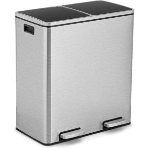 imageGoplus Dual Trash Can 60 Liter 2x30L 16 Gallon Stainless Steel Step Trash Can Rectangular Garbage Bin with Inner Buckets and Hinged Lids Suit for Kitchen Office Home UseBlackSilver