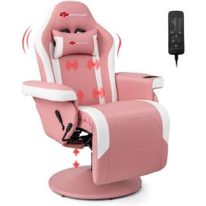 imageGoplus Massage Gaming Chair Racing Style Gaming Recliner wAdjustable Backrest and Footrest Ergonomic High Back PU Leather Computer Office Chair Swivel Game Chair wCup Holder and Side PouchPink