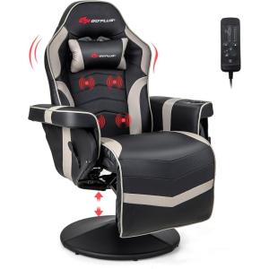 imageGoplus Massage Gaming Chair Racing Style Gaming Recliner wAdjustable Backrest and Footrest Ergonomic High Back PU Leather Computer Office Chair Swivel Game Chair wCup Holder and Side PouchGrey