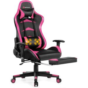 imageGoplus Massage Gaming Chair Reclining Backrest Handrails and Seat Height Adjustment Racing Computer Office Chair High Back Ergonomic PU Leather Swivel PC Game Chair with FootrestPink