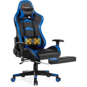 imageGoplus Massage Gaming Chair Reclining Backrest Handrails and Seat Height Adjustment Racing Computer Office Chair High Back Ergonomic PU Leather Swivel PC Game Chair with FootrestBlue