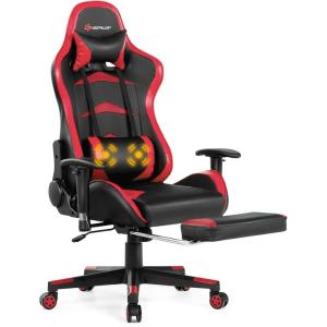 imageGoplus Massage Gaming Chair Reclining Backrest Handrails and Seat Height Adjustment Racing Computer Office Chair High Back Ergonomic PU Leather Swivel PC Game Chair with FootrestRed