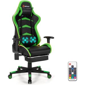 imageGoplus Massage Gaming Chair with LED Light Reclining Backrest Handrails and Seat Height Adjustment Racing Computer Office Chair with Footrest Ergonomic High Back PU Swivel Game Chair Green