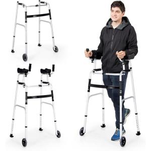 imageGoplus Walkers for Seniors Foldable Standard Walker with 5 Wheels and Removable Padded Armrests 440lbs Lightweight Walking Mobility Aid Folding Platform Walker for Elderly Handicap DisabledSilver  Black