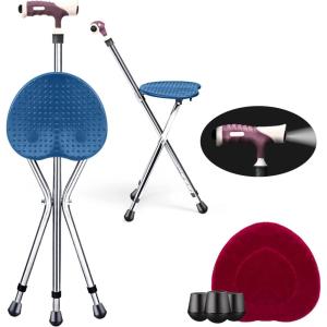 imageGoplus Walking Cane with Seat Heavy Duty Aluminum Alloy Crutch Chair with LED Light and Retractable 3 Legs Portable AntiSlip Seat Cane Lightweight Walking Stick for Seniors ElderlyBlue