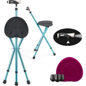 imageGoplus Walking Cane with Seat Heavy Duty Aluminum Alloy Crutch Chair with LED Light and Retractable 3 Legs Portable AntiSlip Seat Cane Lightweight Walking Stick for Seniors ElderlyBlack