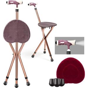 imageGoplus Walking Cane with Seat Heavy Duty Aluminum Alloy Crutch Chair with LED Light and Retractable 3 Legs Portable AntiSlip Seat Cane Lightweight Walking Stick for Seniors ElderlyCoffee