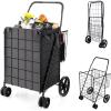 imageGoplus Jumbo Folding Shopping Cart with Rolling Swivel Wheels Foldable Grocery Cart on Wheels with Double Basket Heavy Duty Utility Cart Shopping Carts for Groceries Laundry Book Luggage TravelBlackupgraded