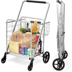 imageGoplus Folding Shopping Cart Jumbo Double Basket Utility Grocery Cart 330lbs Capacity with 360 Rolling Swivel Wheels Portable Heavy Duty Cart for Laundry Shopping GrocerySilver