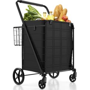 imageGoplus Folding Shopping Cart Jumbo Double Basket Utility Grocery Cart 330lbs Capacity with 360 Rolling Swivel Wheels Portable Heavy Duty Cart for Laundry Shopping GroceryBlackupgraded