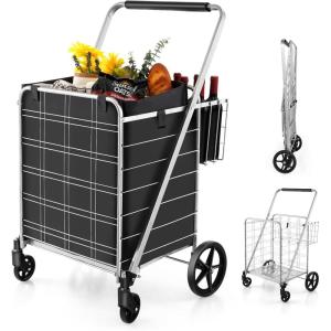 imageGoplus Folding Shopping Cart Jumbo Double Basket Utility Grocery Cart 330lbs Capacity with 360 Rolling Swivel Wheels Portable Heavy Duty Cart for Laundry Shopping GrocerySliverupgraded