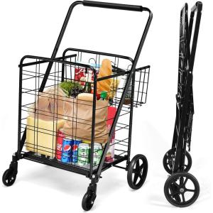 imageGoplus Folding Shopping Cart Jumbo Double Basket Utility Grocery Cart 330lbs Capacity with 360 Rolling Swivel Wheels Portable Heavy Duty Cart for Laundry Shopping GroceryBlack