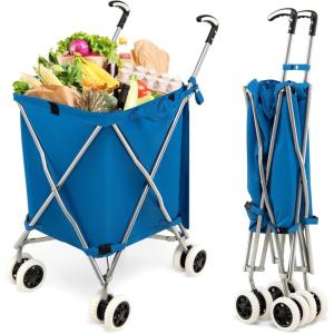 imageGoplus Folding Shopping Cart with Wheels Grocery Cart with Removable Oxford Cloth Liner Lightweight Utility Cart for Groceries Laundry BlackBlue