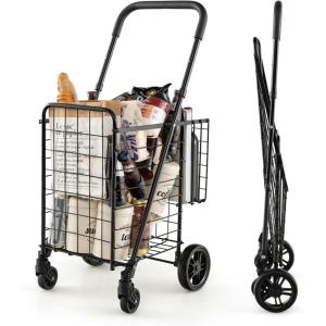 imageGoplus Folding Shopping Utility Cart Double Basket and 360 Swivel Wheels Adjustable Handle Small Cart Perfect for Grocery Laundry Book Luggage TravelBlack
