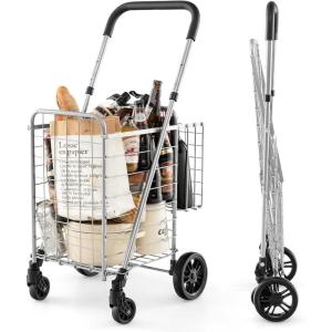 imageGoplus Folding Shopping Utility Cart Double Basket and 360 Swivel Wheels Adjustable Handle Small Cart Perfect for Grocery Laundry Book Luggage TravelSilver