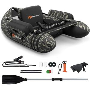 imageGoplus Inflatable Float Tube Fishing Belly Boat with Fish Ruler Pump Storage Bag Adjustable Straps Fishing Float Tube for Angling 350LBS Load CapacityCamouflage  WRod Holder