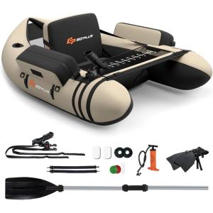 imageGoplus Inflatable Float Tube Fishing Belly Boat with Fish Ruler Pump Storage Bag Adjustable Straps Fishing Float Tube for Angling 350LBS Load CapacityBeige  WRod Holder